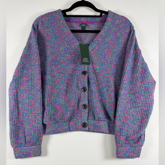 Women's V-Neck Button-Front Cardigan - Wild Fable™ Purple Abstract XS - Picture 7 of 11